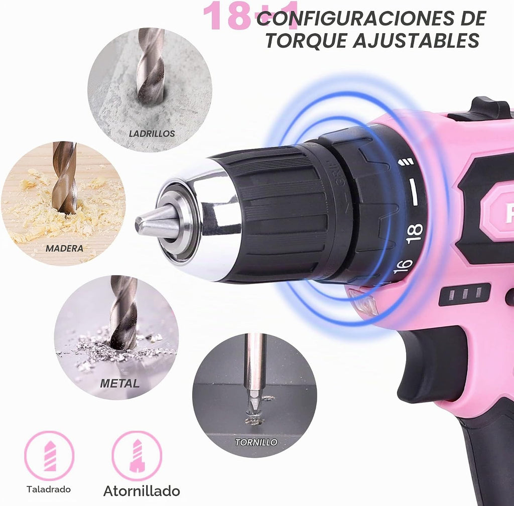 FASTPRO Juego de taladro rosa de 12 V para mujer, juego de herramientas