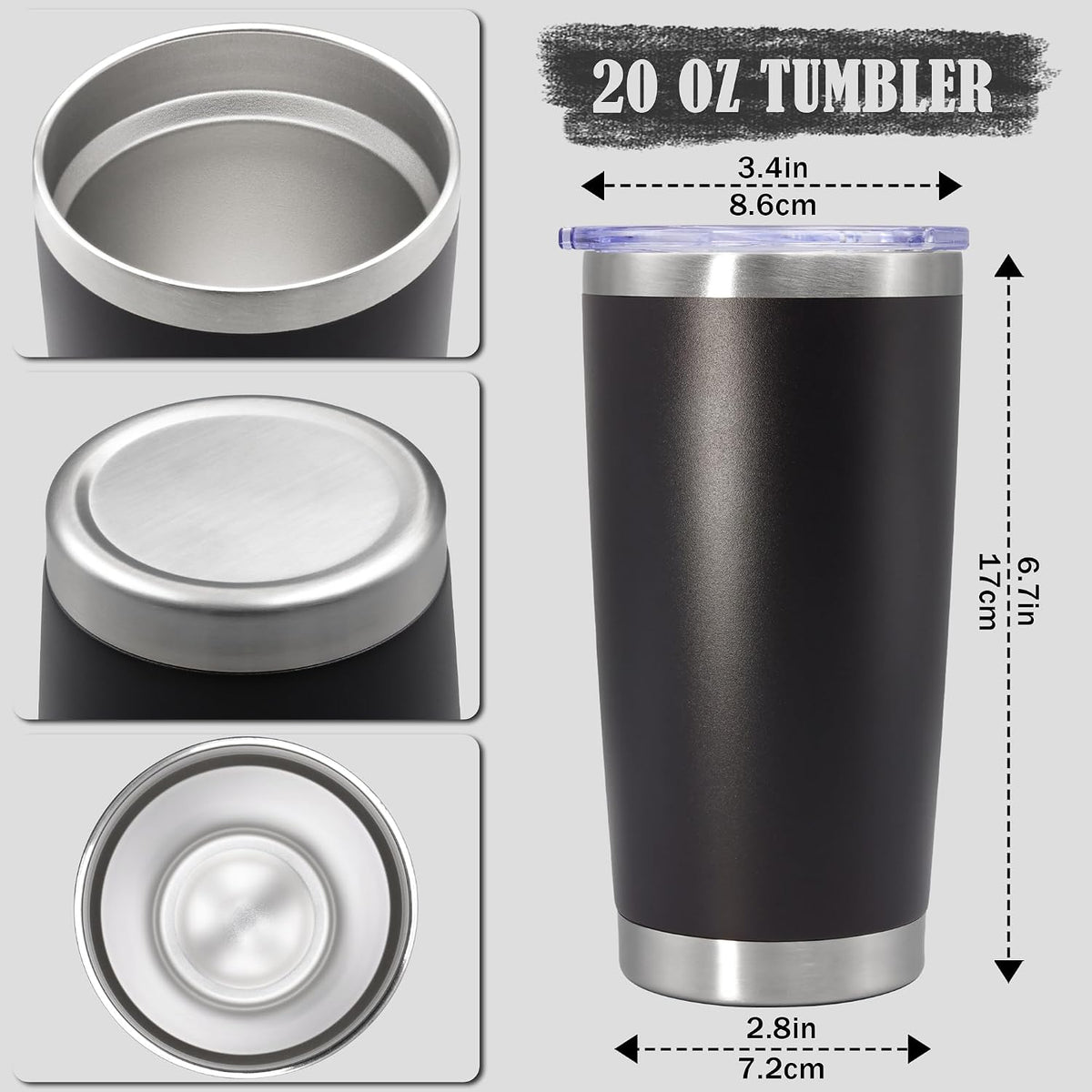 Vaso de café aislado de 20 onzas con tapa, acero inoxidable, color negro