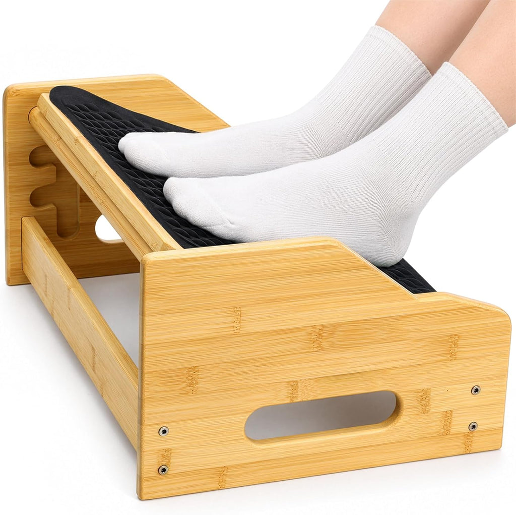 Lámpara Hiceeden Reposapiés de bambú debajo del escritorio, reposapiés ergonómico con 4 alturas ajustables, taburete antideslizante con superficie de masaje para trabajo en oficina y hogar, mejora la postura