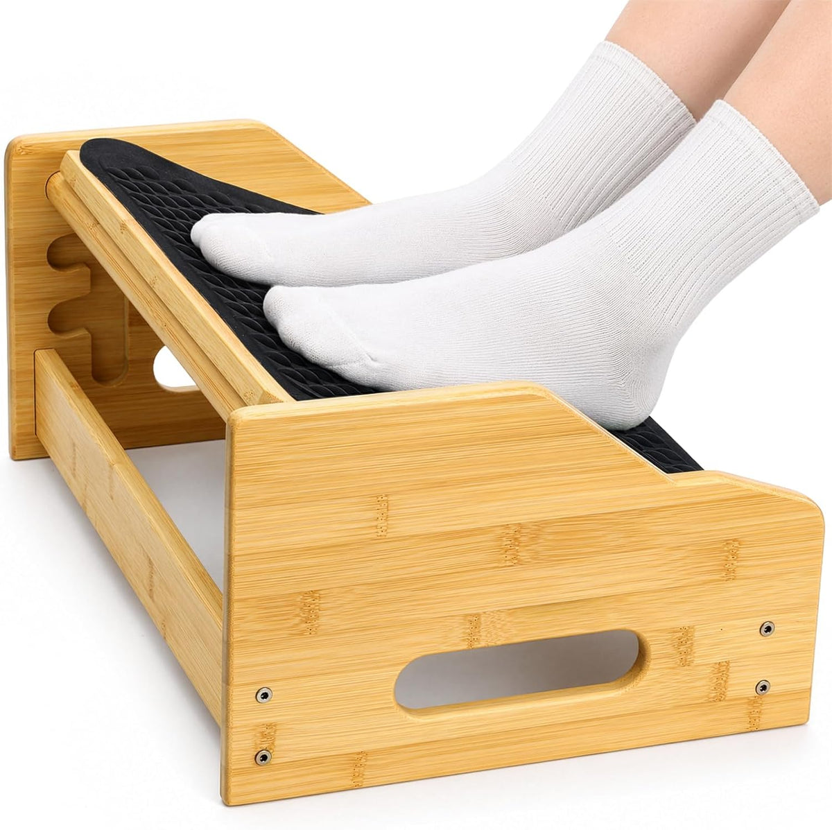 Lámpara Hiceeden Reposapiés de bambú debajo del escritorio, reposapiés ergonómico con 4 alturas ajustables, taburete antideslizante con superficie de masaje para trabajo en oficina y hogar, mejora la postura