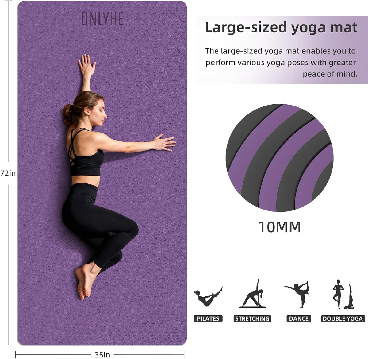 Tapete de yoga ancho de grosor (0.394 pulgadas), antideslizante, antidesgarros, tapete de pilates extra grande de 72 x 35 pulgadas para entrenamientos en casa, gimnasio y estiramiento de suelo con
