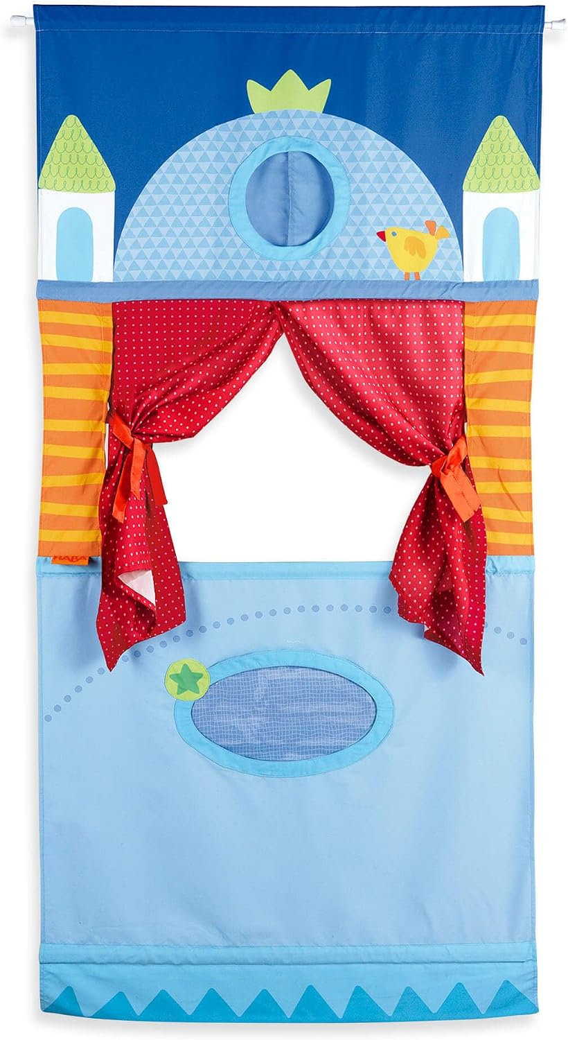 HABA Doorway Teatro de marionetas - Ahorro de espacio con varilla ajustable: ideal para juegos de simulación, títeres de mano, actividades educativas para niños y juguetes para niños pequeños de 3 años en adelante