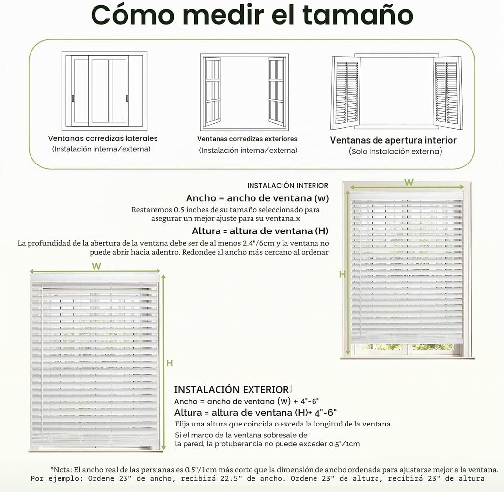 Persianas de Madera Real Sin Cables de 2" 23"W x 48"H Blanco en Pino para Ventanas de Interior