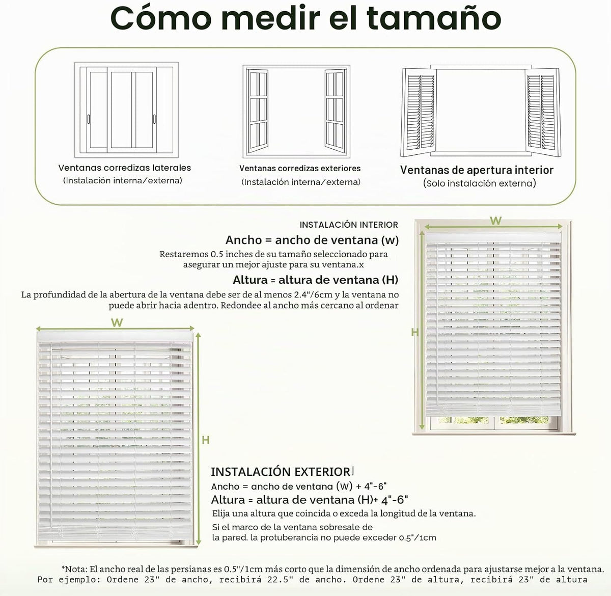 Persianas de Madera Real Sin Cables de 2" 23"W x 48"H Blanco en Pino para Ventanas de Interior