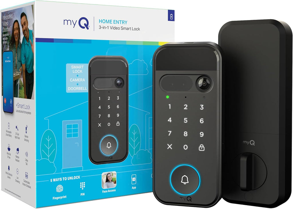 myQ Secure View™ Cerradura inteligente 3 en 1 con cámara de timbre de video HDR 2K, acceso facial, acceso de huellas dactilares, control PIN y aplicaciones: entrada inteligente con cámara incorporada