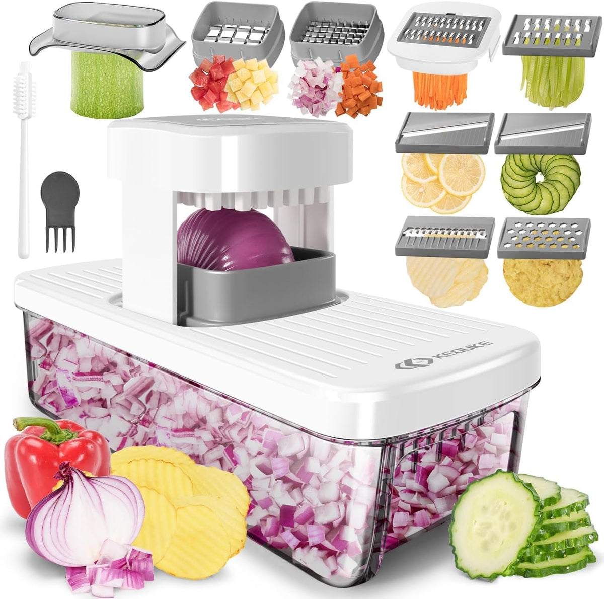 KEOUKE Cortador vertical de verduras 8 en 1, cortador de mandolina con recipiente blanco, cortador seguro con protector de mano para cocina, fácil preparación de alimentos, cebolla, papa, frutas vegetales