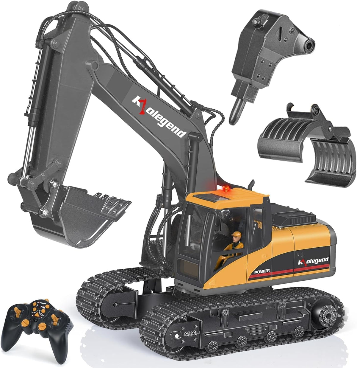 excavadora de juguete con control remoto 3 en 1, excavadora RC de escala 1/14, 15 canales, vehículos de construcción de función completa mejorados con herramientas, rompedor metálico y agarre