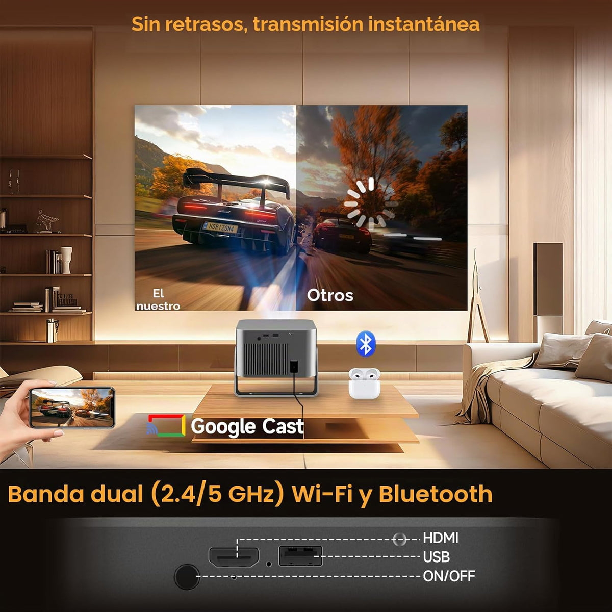 Proyector inteligente con Google TV, soporte 4K mini proyector port...
