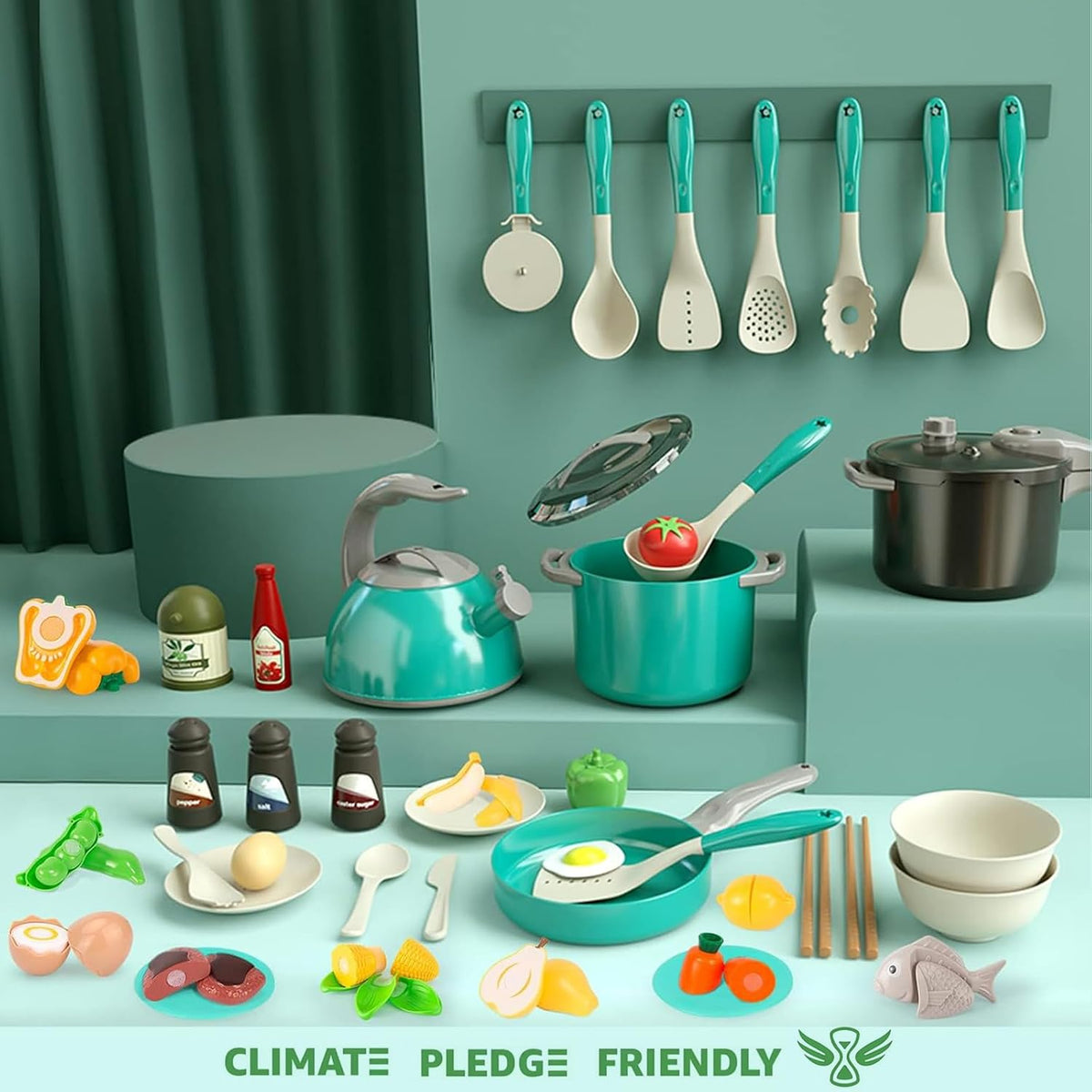 Juego de 67 piezas de juguetes de cocina para niños, accesorios de cocina con ollas, sartenes, utensilios de cocina, alimentos, verduras enlatadas, regalo de aprendizaje para niños y niñas