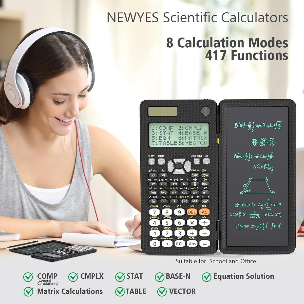 NEWYES Calculadoras científicas recargables 991ES MAX, 417 funciones, pizarra de escritura, estuche duro plegable, pantalla de 4 líneas con escritura avanzada, calculadoras para estudiantes de