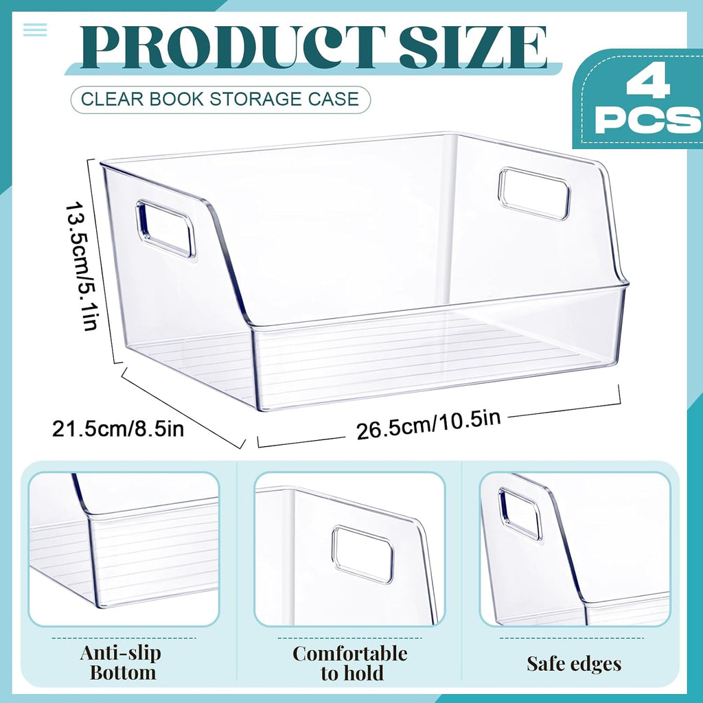 4 piezas de almacenamiento grande transparente para libros de 10 x 8.5 x 5.3 pulgadas, organizador de libros, apilable, contenedores de almacenamiento con asa, estantería de oficina, estante