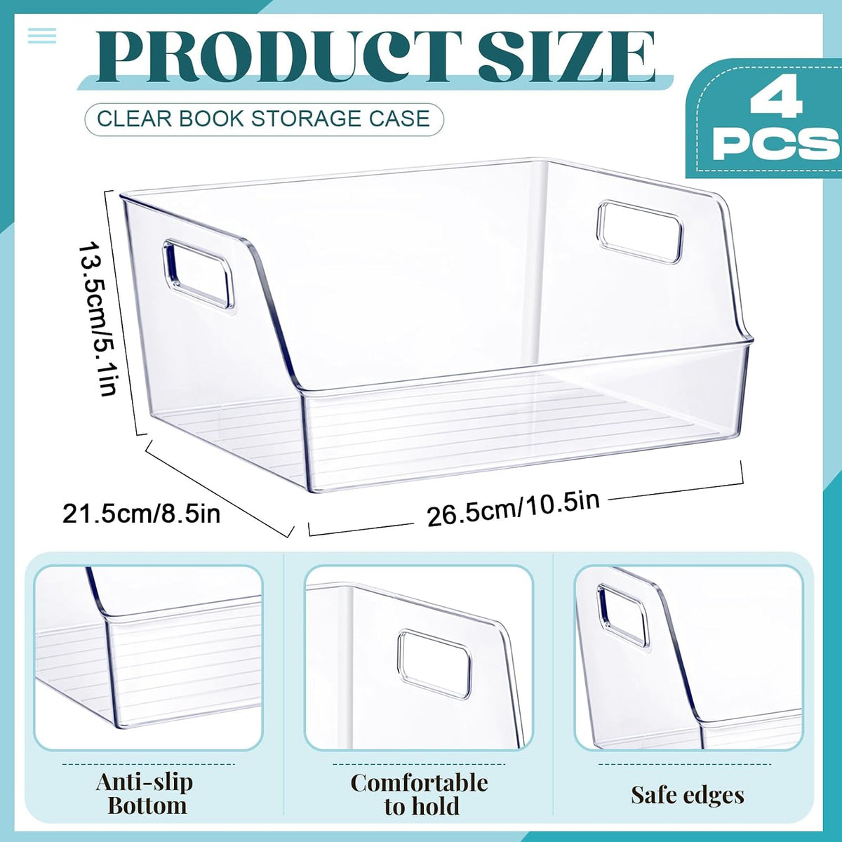 4 piezas de almacenamiento grande transparente para libros de 10 x 8.5 x 5.3 pulgadas, organizador de libros, apilable, contenedores de almacenamiento con asa, estantería de oficina, estante
