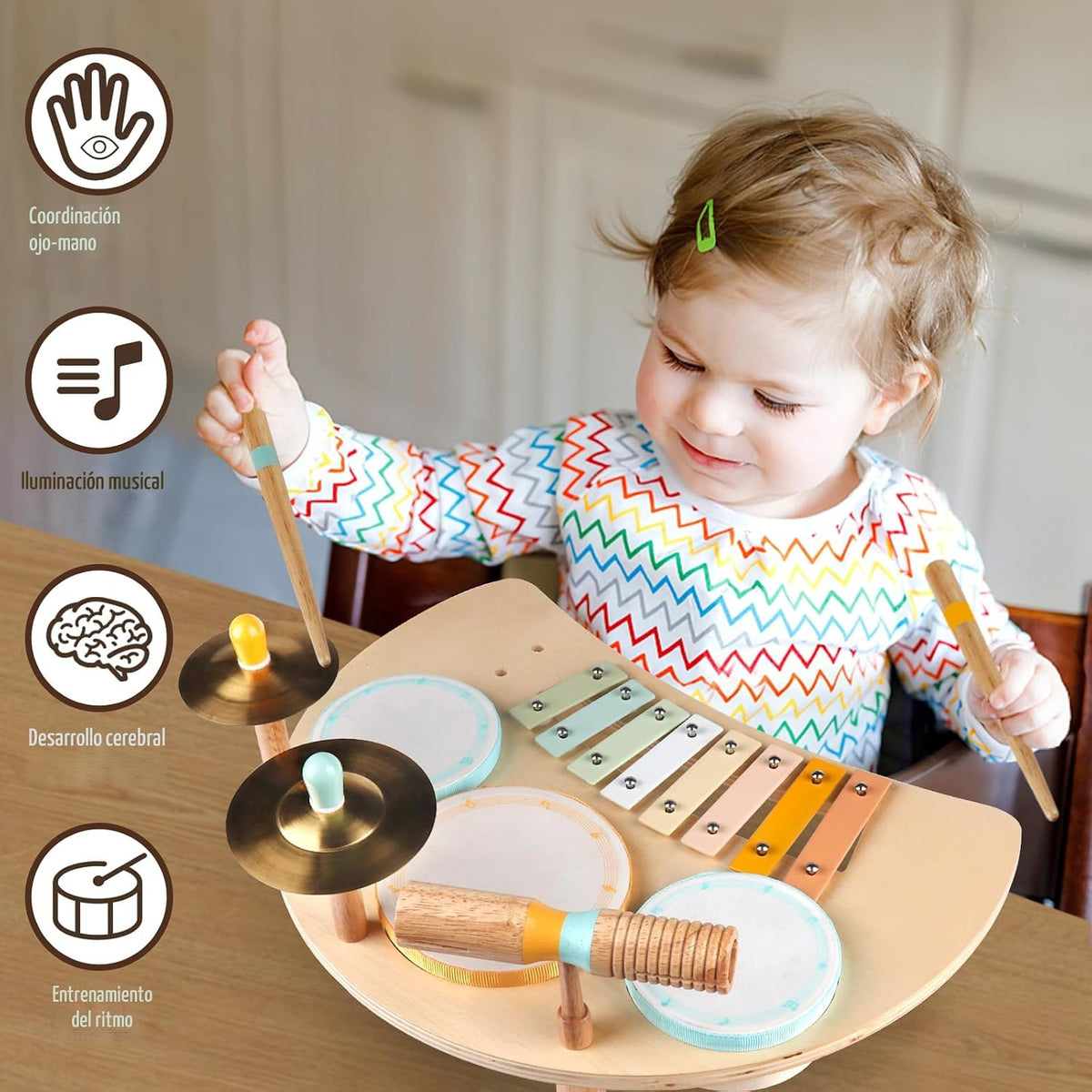 Juego de batería de madera para niños de 2 a 3 años Montessori Instrumentos Musicales Juguete