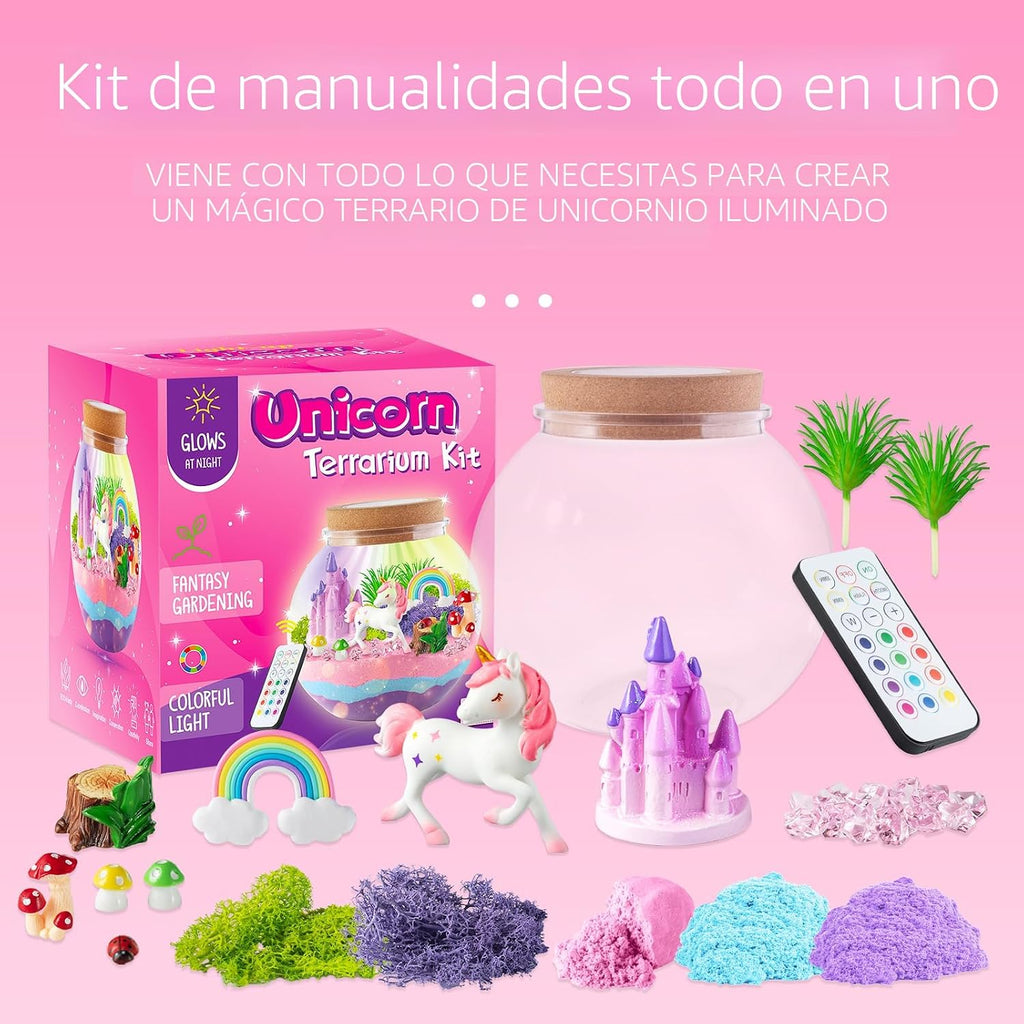 JOYEEMAX Kit de terrario iluminado de unicornio para niños, luz nocturna LED, regalo de cumpleaños para niñas de 4, 5, 6, 7, 8 a 12 años, juguetes de unicornio para niñas, kit de manualidades y manualidades para niños