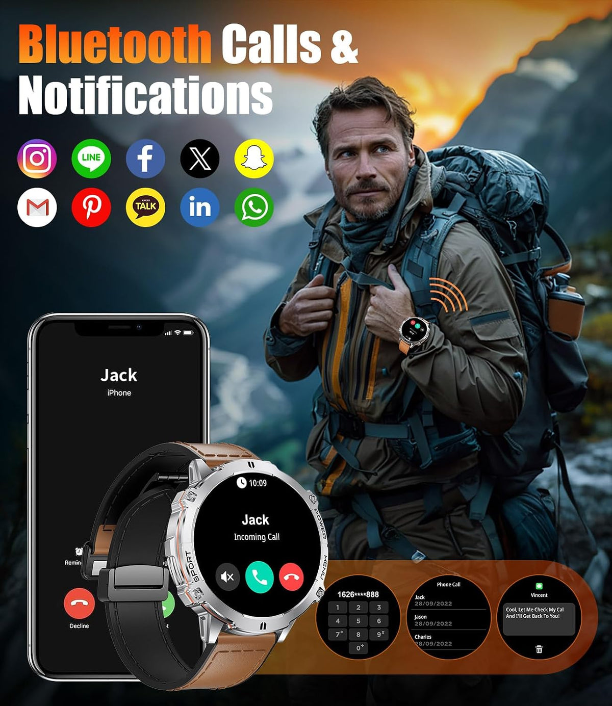 LIGE Relojes Inteligentes con Batería de 900mAh, Pantalla AMOLED de 1.73" para Hombres con Llamada Bluetooth, Más de 110 Modos Deportivos, Reloj Táctico de Fitness/Monitor de Ritmo Cardíaco, Sueño y