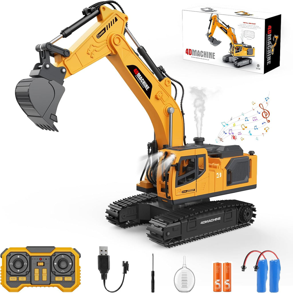 Excavadora de juguete a control remoto para niños, juguetes de excavadora RC de 2.4 GHz con cubo de metal, vehículo de construcción de 12 canales con niebla/luces/sonido, 2 baterías de 1200 mAh