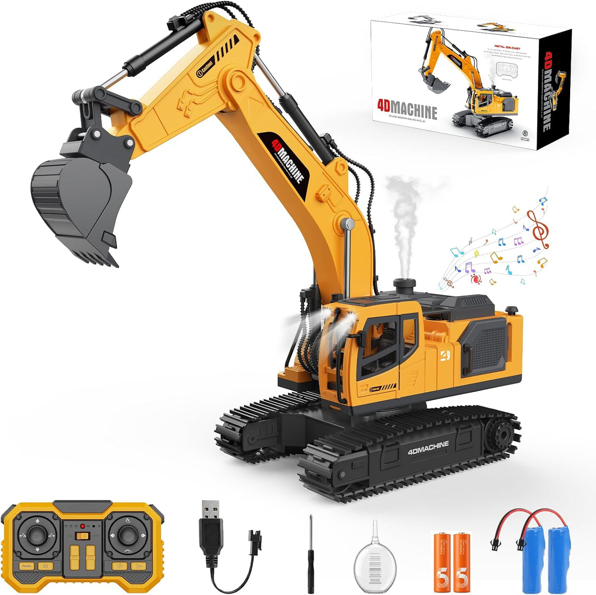 Excavadora de juguete a control remoto para niños, juguetes de excavadora RC de 2.4 GHz con cubo de metal, vehículo de construcción de 12 canales con niebla/luces/sonido, 2 baterías de 1200 mAh