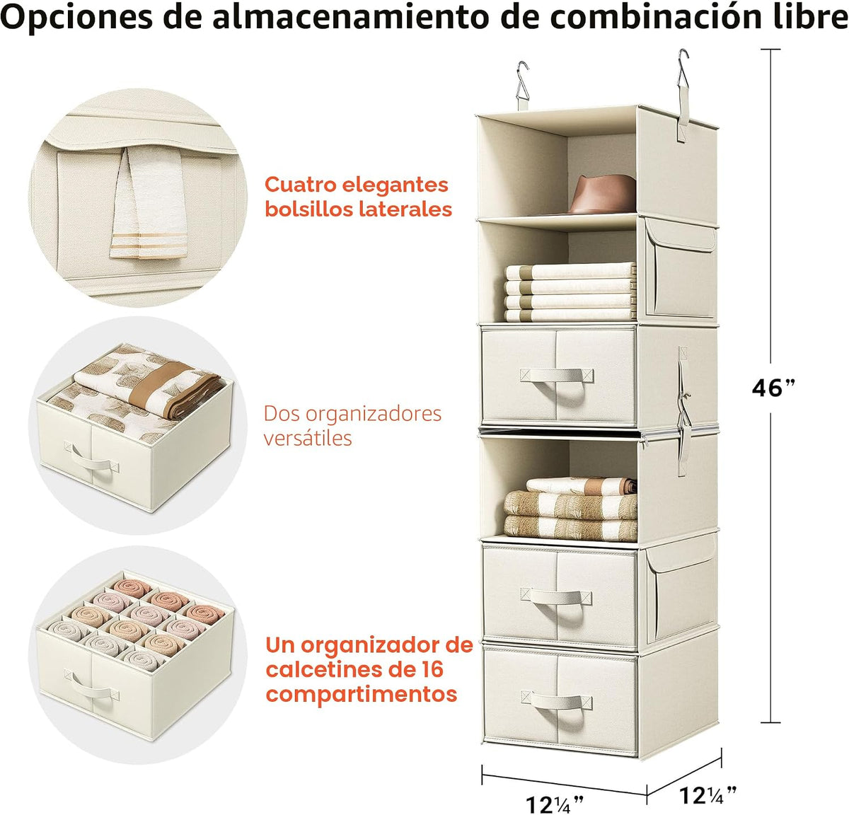 Organizador de armario colgante de 6 estantes con 3 cajones, diseño 2 en 1