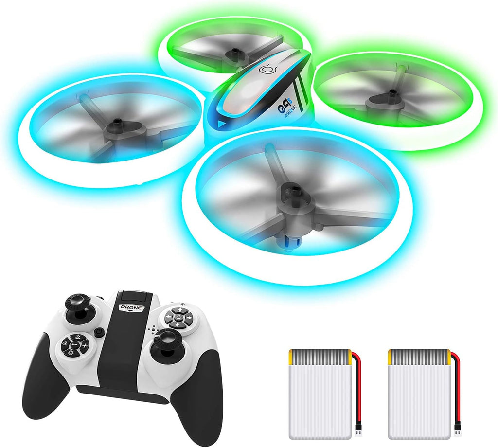 Q9s Drones para niños, dron RC con retención de altitud y modo sin cabeza, cuadricóptero con luz azul y verde, hélice de protección completa, 2 baterías y control remoto, regalos para niños y niñas