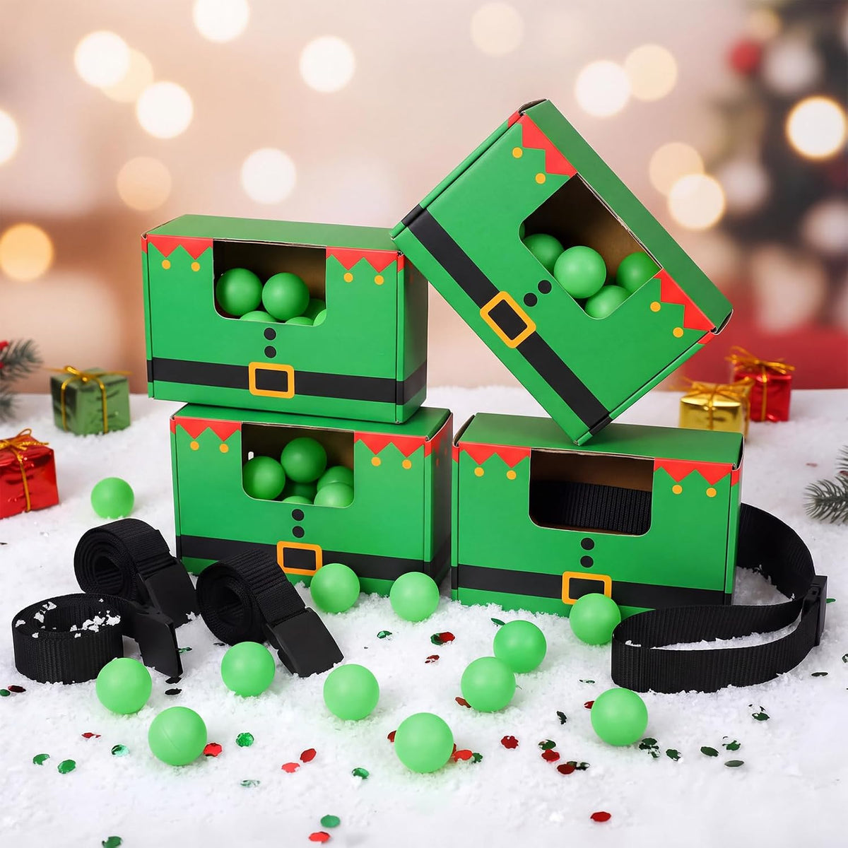 Halloscume 4 Juegos de Pelotas Navideñas Oscilantes y Temblorosas, Juego Navideño de Duende Novedoso Twerk, 40 Pelotas, Cinta, Cajas de Cartón, Juegos Divertidos de Fiesta para Familia, Grupos Grandes
