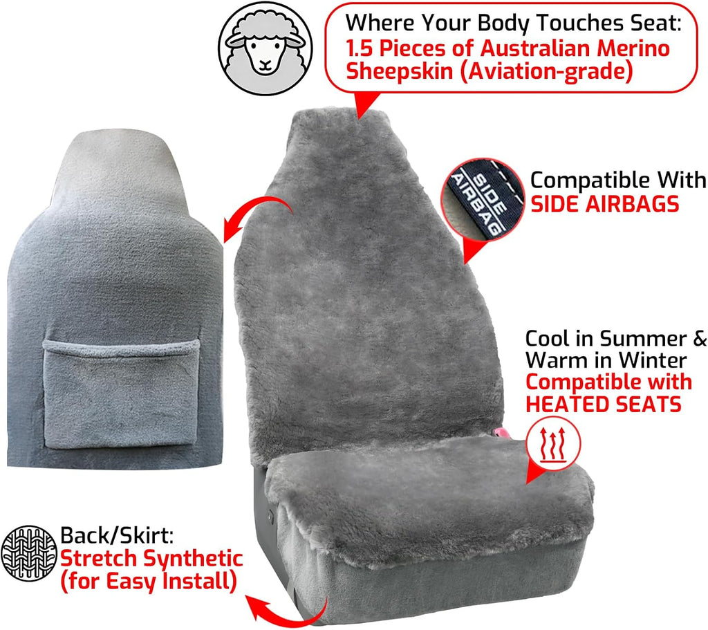 Fundas de Asiento de Oveja de Aegis, Fundas de Asiento de Piel de Merino Genuino para Delantero de Coche, Pieles Densas de Lujo, Ajuste Universal para la Mayoría de Coches, SUV, Camiones, Sedán (Gris)