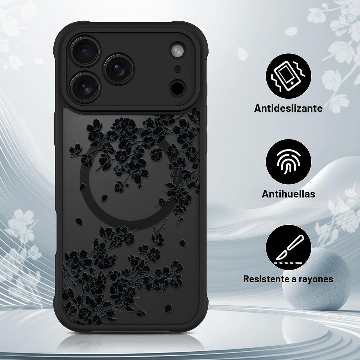 OOK Funda para iPhone 18 Pro de 6.3 pulgadas con flores florales negras
