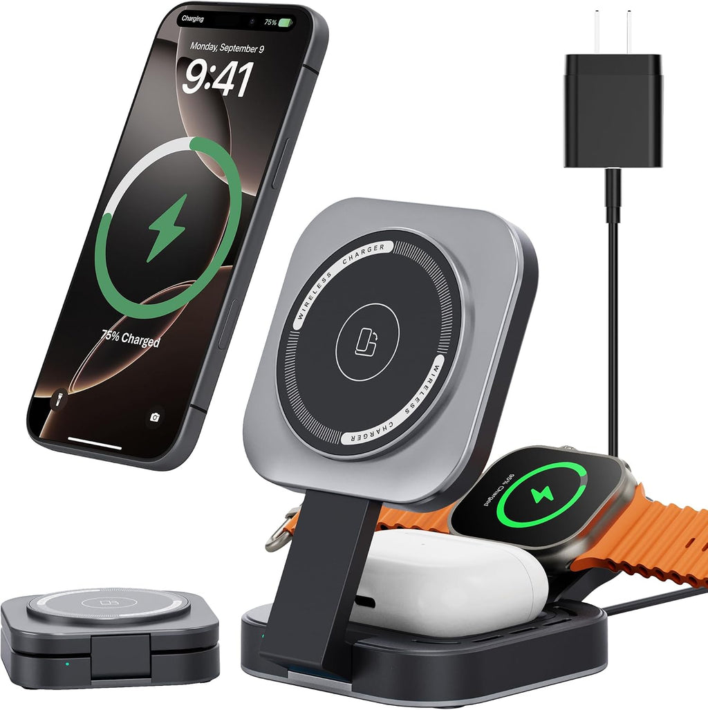Mini estación de carga plegable 3 en 1 para dispositivos Apple, soporte de cargador inalámbrico para Magsafe para iPhone 17/Air/16/15/14/13/12, serie Apple Watch, AirPods pro/2/3/4, regalos para