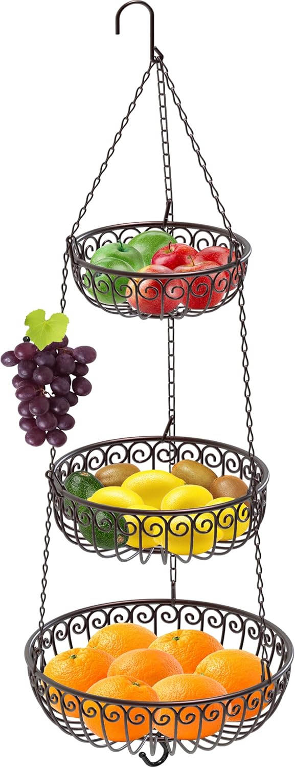 Simple Houseware - Cesta colgante para frutas de 3 niveles, bronce
