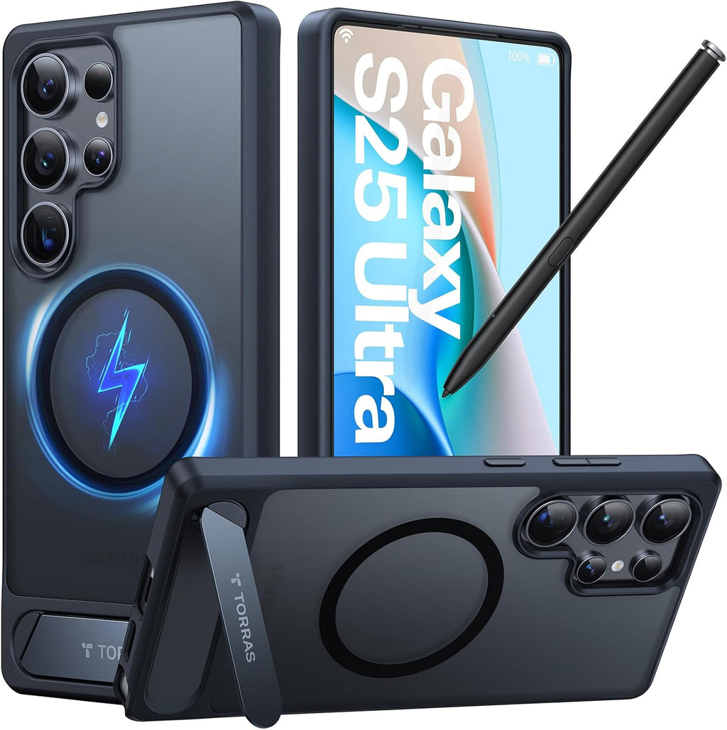 TORRAS Fuerte soporte magnético y sin costuras para Samsung Galaxy S25 Ultra, compatible con MagSafe, protección contra caídas de grado militar, soporte con función atril para Samsung Galaxy S25 Ultra