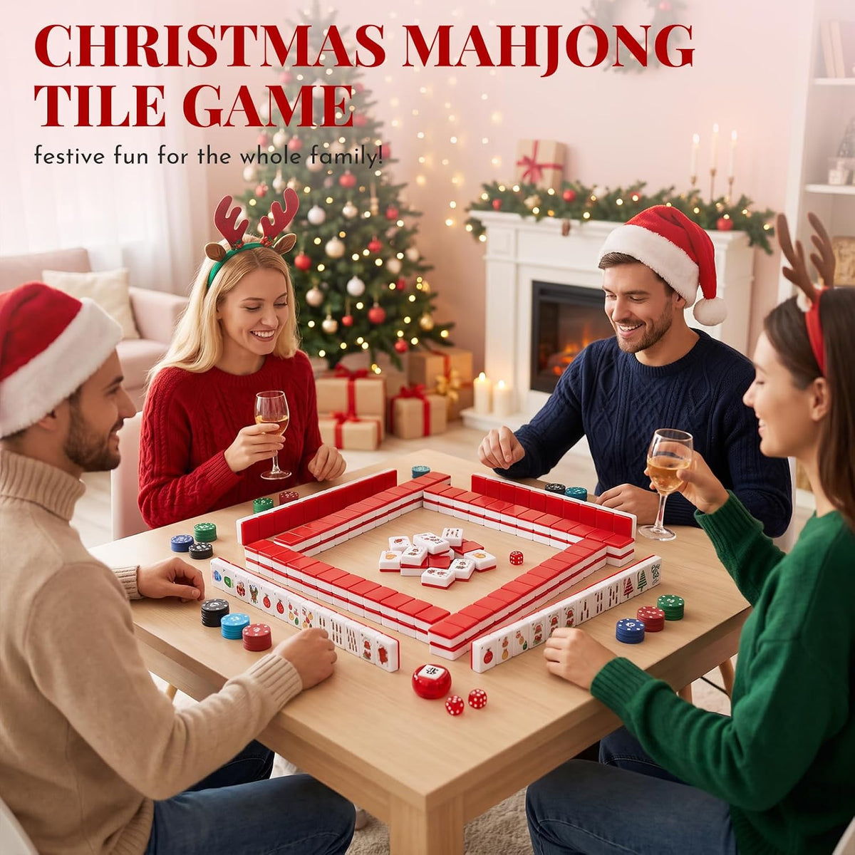 Christmas American Mahjong - Juego de 160 azulejos rojos grabados con bolsa