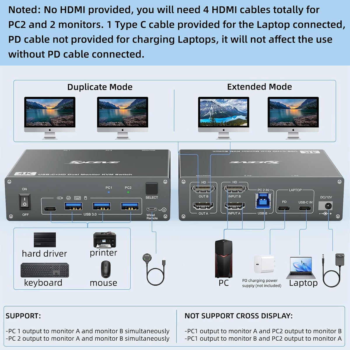 Conmutador KVM 2 monitores 1 ordenador portátil 1 escritorio