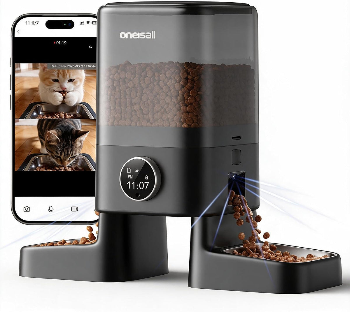 oneisall Comedero automático para gatos con cámara para 2 gatos, visión nocturna HD 1080P, 20 tazas/5 L, audio de 2 vías, aplicación WiFi 5G, control remoto, alimentador para mascotas
