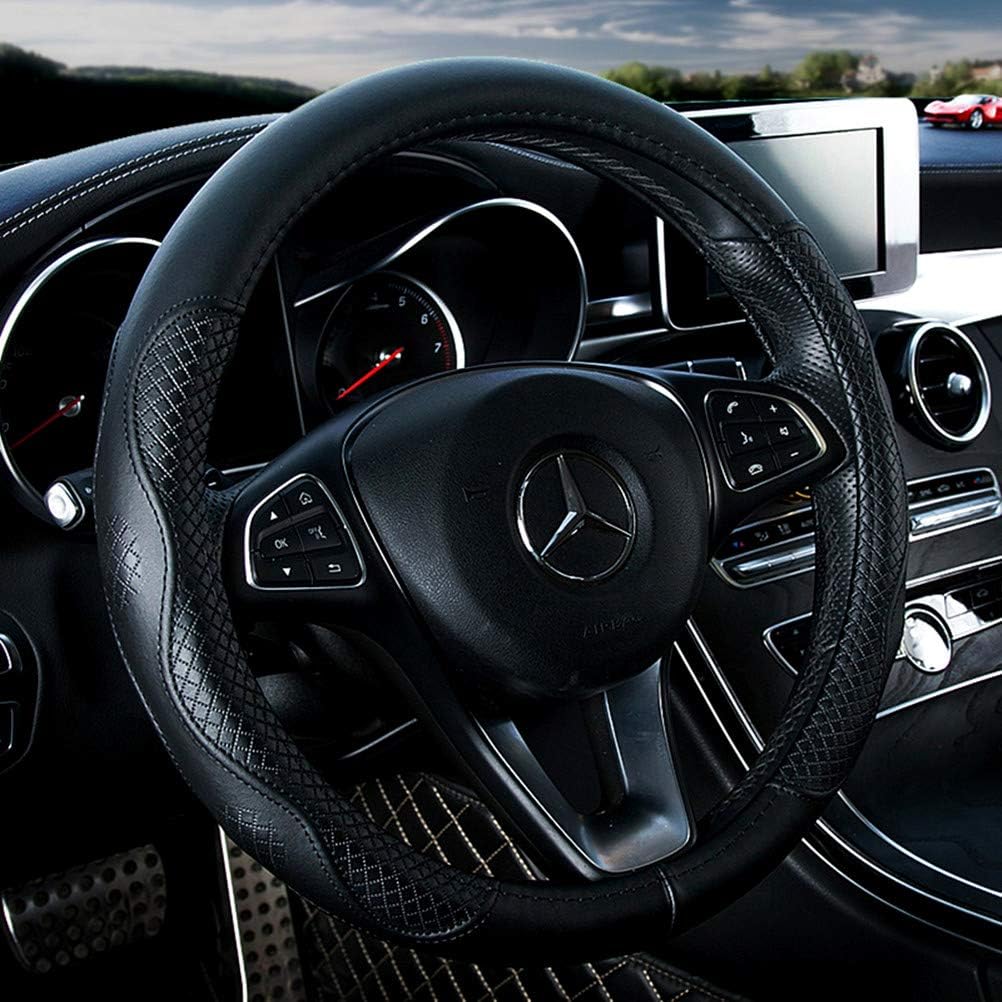 Funda de Volante de Cuero Negro Funda de Volante de Cuero de Vaca Cuero Genuino Funda de Volante para BMW Tamaño Universal M / 15 pulgadas Compatible con Coche/Auto/SUV (A-Negro-M)