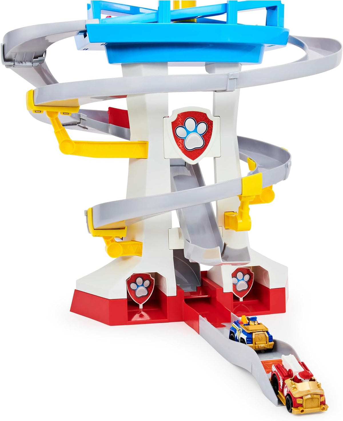 Paw Patrol Adventure Bay Lookout Tower Playset con 2 vehículos de metal fundido a escala 1:55 (Chase y Marshall): Twin Track Rescue Way, set de 25 piezas con periscopio de lanzamiento - Acomoda hasta