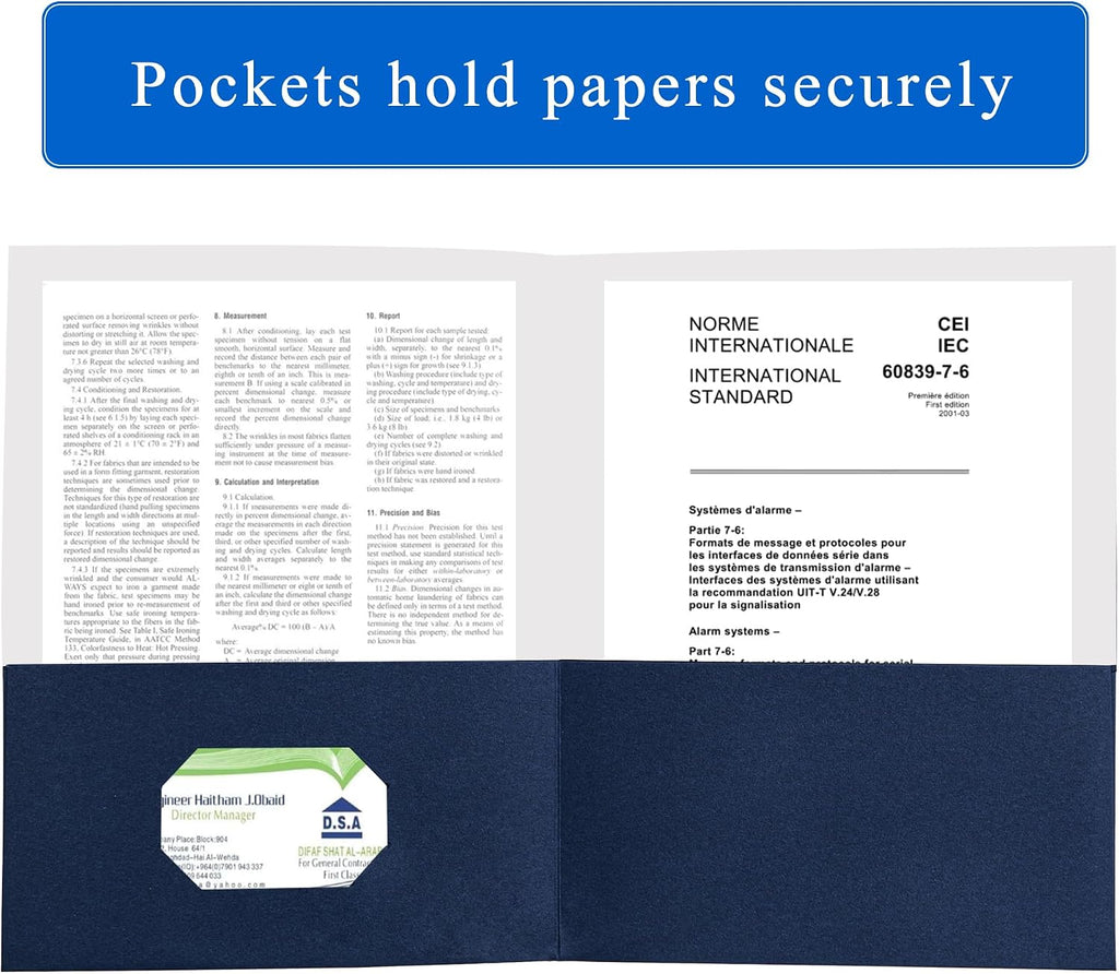 Paquete de 50 carpetas de archivos de dos bolsillos con ranura para tarjetas de visita, papel texturizado, tamaño carta, capacidad para más de 100 hojas para la escuela, oficina, negocios