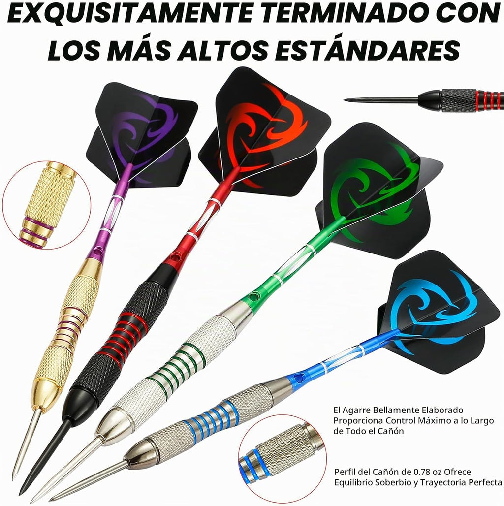 Juego de 12 dardos de punta de acero con barril de hierro antideslizante, ejes de dardos de aluminio y vuelos, afilador de dardos y caja de regalo