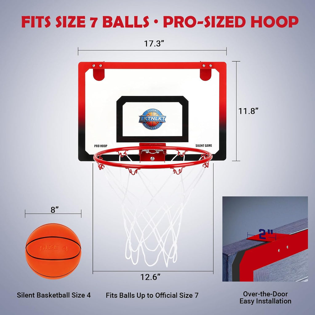 Aro de baloncesto interior sobre la puerta con balón silencioso
