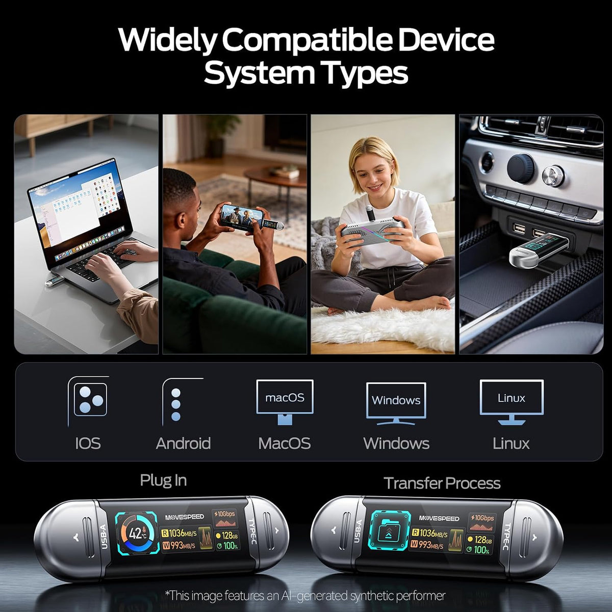 MOVE SPEED Unidad USB de 128 GB con pantalla inteligente 1090 MB\/s...