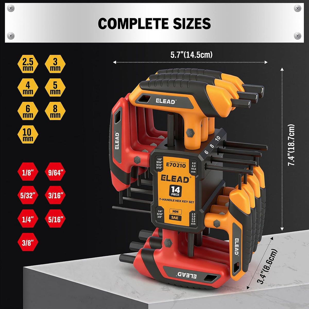 Juego de llaves Allen con mango en T, métricas de 0.098 in-0.394 in y llave hexagonal portátil SAE de 1/8"-3/8", juego de llaves Allen de brazo largo con estante de almacenamiento para