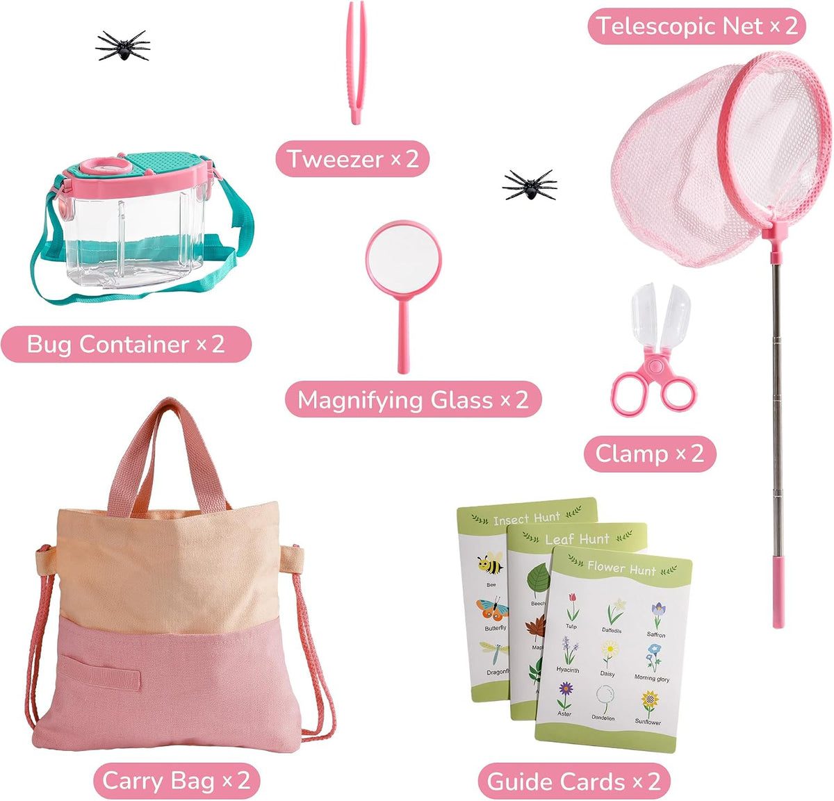 ROBOTIME Kit de atrapador de insectos para 2 personas para niños, juego completo de explorador rosa para exteriores con herramientas dobles para hermanos y amigos (mayores de 3 años)