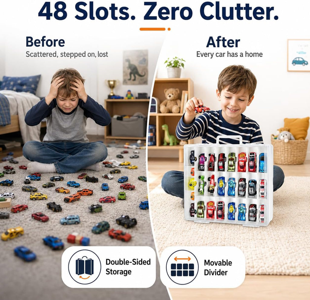 Organizador de Juguetes de Almacenamiento Compatible con Hot Wheels Car, Contenedor para Coches Matchbox, Mini Juguete, Muñecas Pequeñas, Caja de Transporte de Doble Cara para Hotwheels - 48