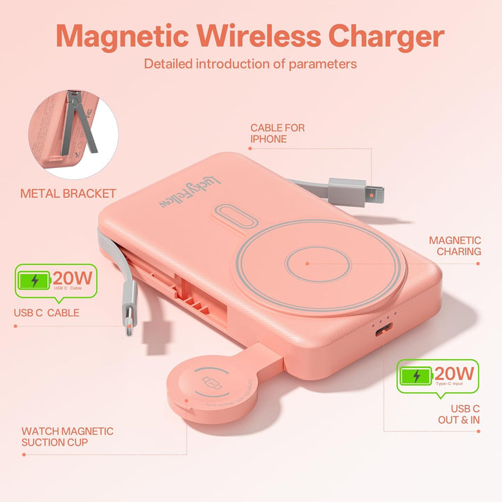 LUCKYFELLOW Cargador portátil magnético de 10000 mAh, cables integr...