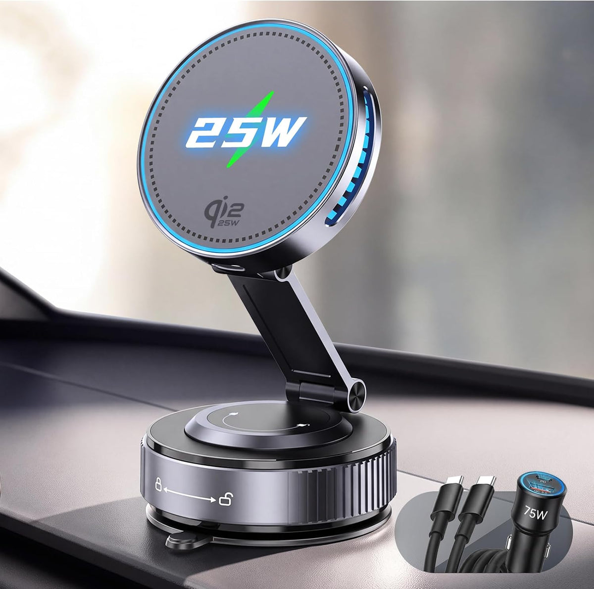 Qi2.2 Cargador MagSafe de 25 W para coche, ventilador de