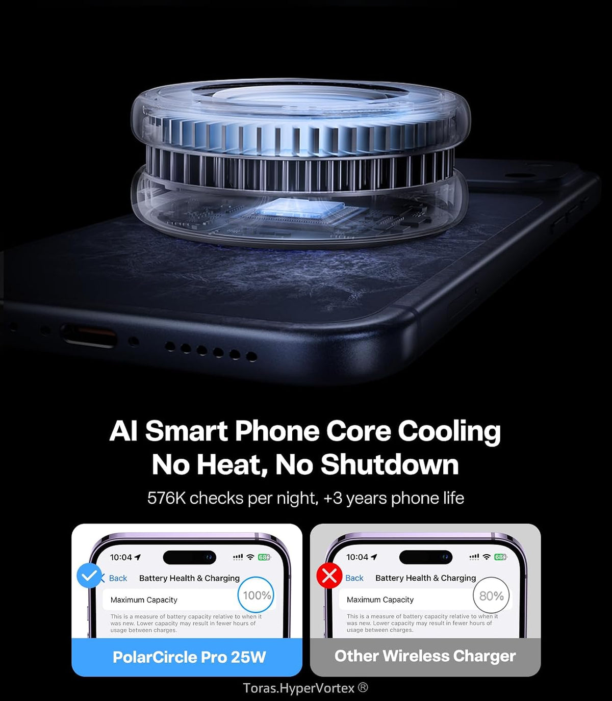 TORRAS PolarCircle Cargador inalámbrico Qi2.2 de 25W, almohadilla magnética refrigerada para iPhone 17/16, cargador inalámbrico para Samsung Galaxy S26/S25 con soporte giratorio 360°, enfriador de juego semiconductor, con adaptador IceNano de 45W
