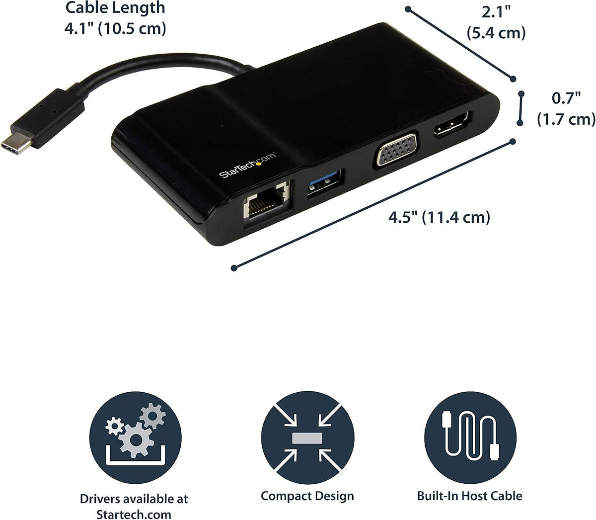 StarTech.com Adaptador USB-C a VGA/DVI/HDMI, Negro