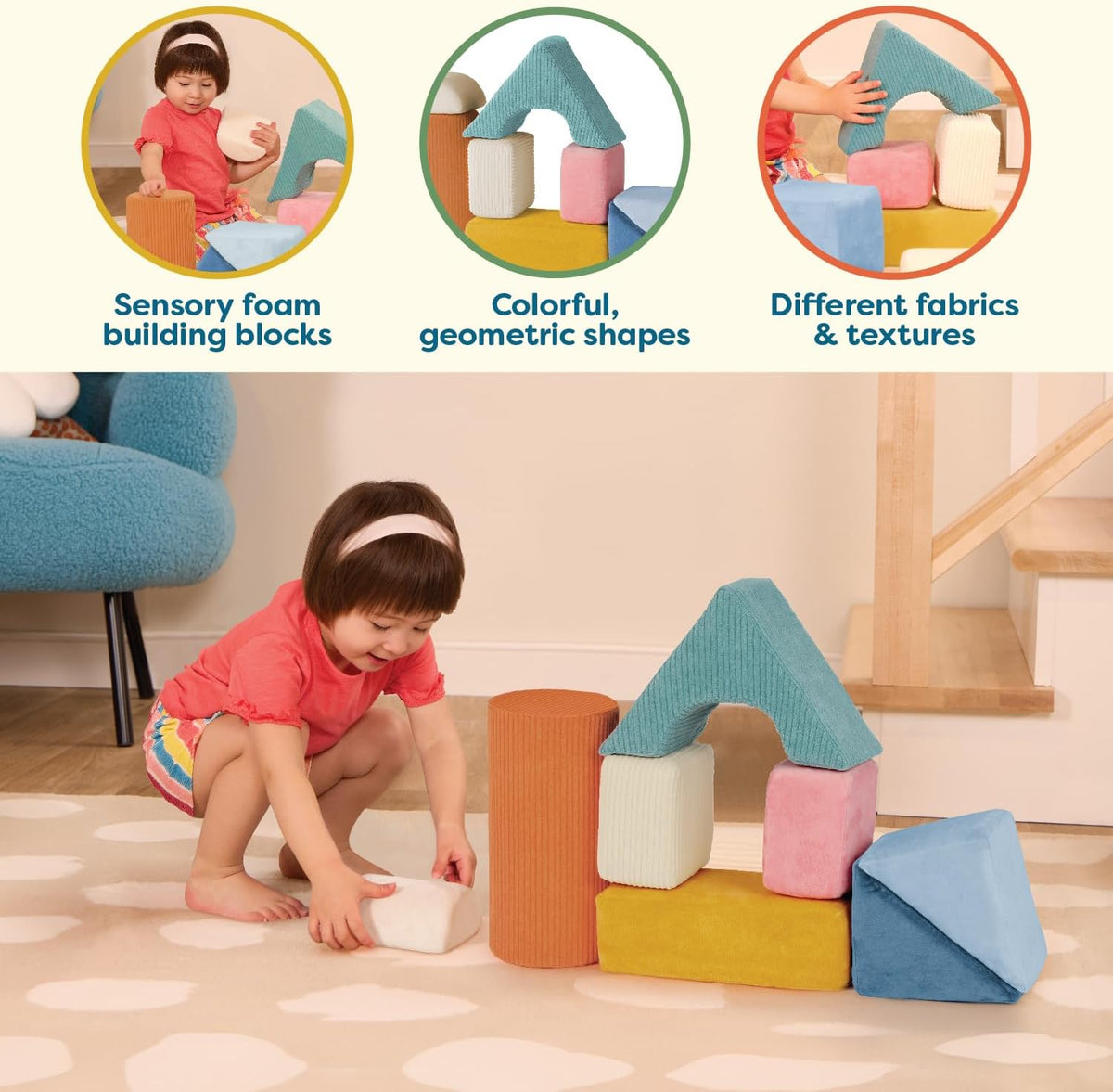 B. toys Tumble-y Towers Bloques de construcción de espuma sensorial, 8