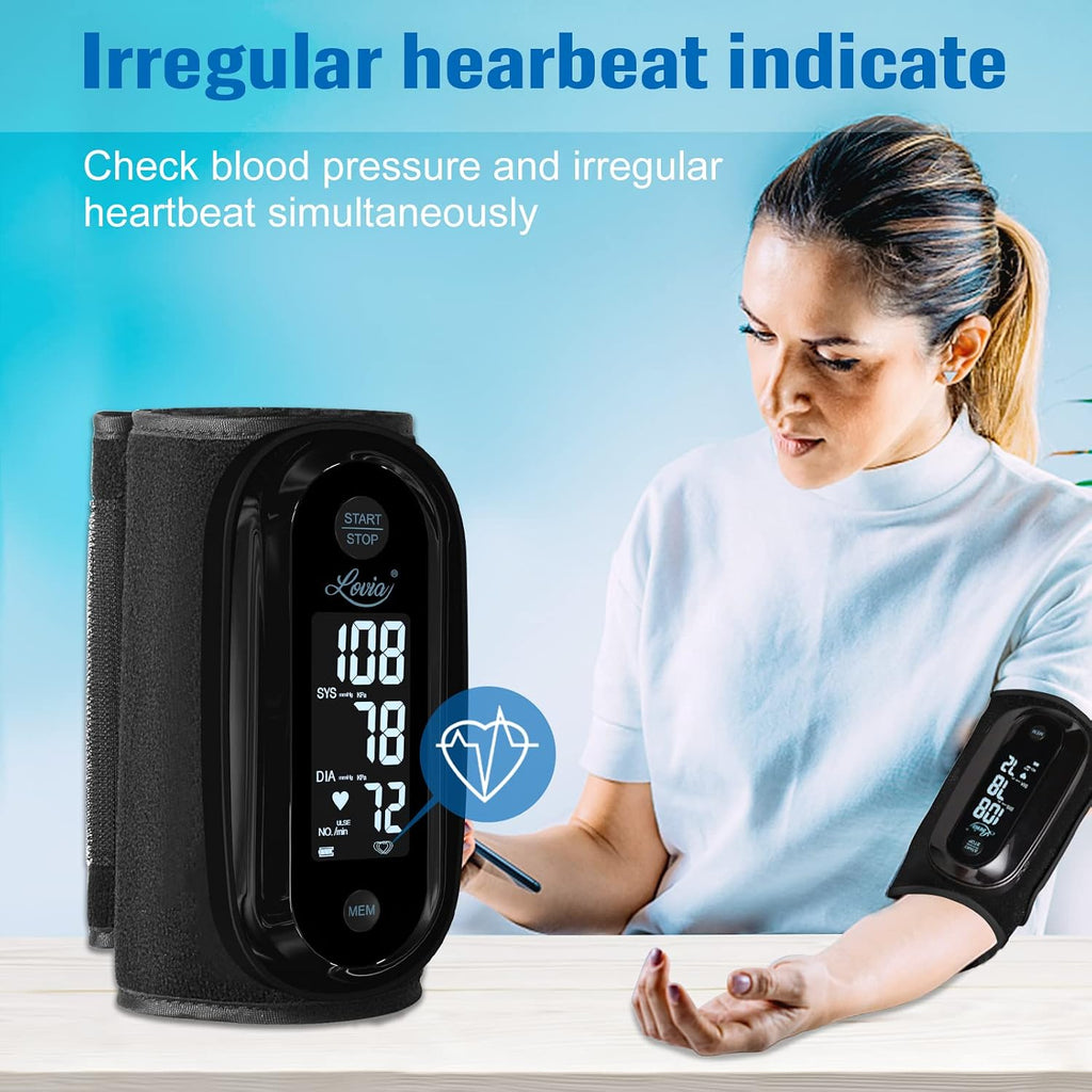 Monitor de presión arterial para brazo superior con diseño de una pieza, máquina digital de BP para uso doméstico con tamaño de manguito de 9-14 pulgadas, medidor portátil, batería incorporada