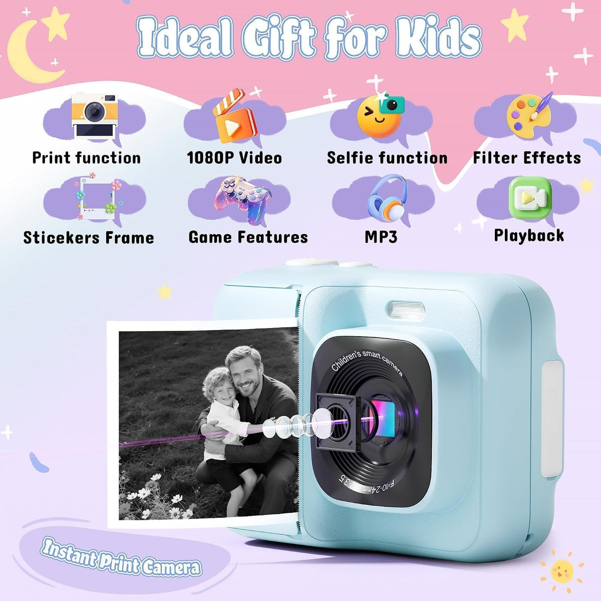 Cámara de impresión instantánea para niños, 1080P con tarjeta de 32