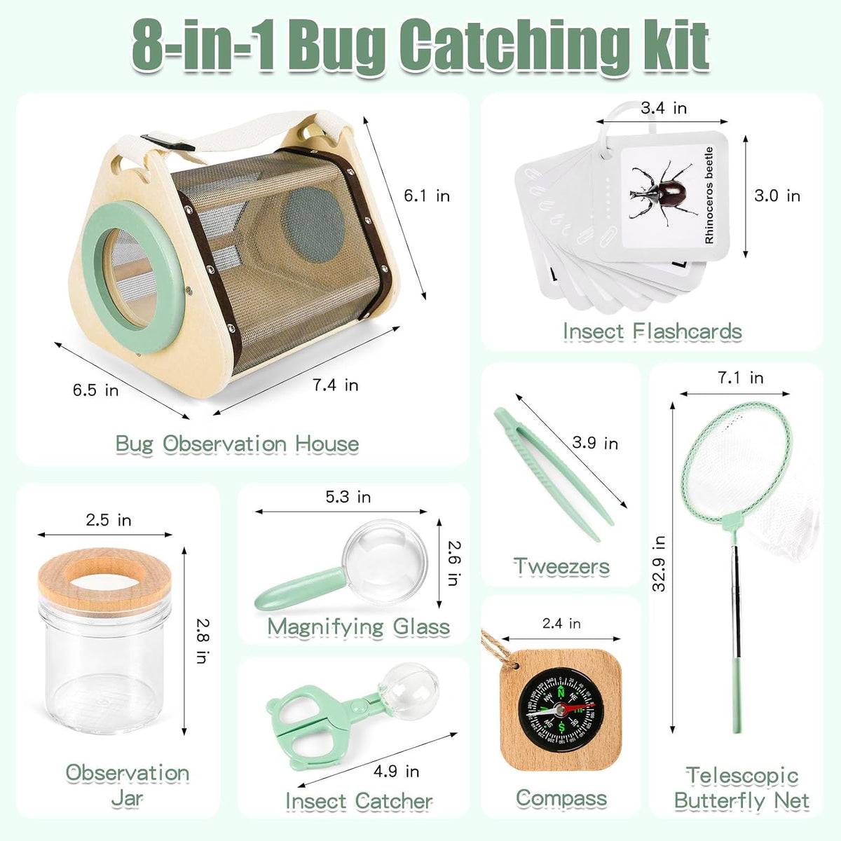 Kit de atrapador de insectos de madera para niños de más de 3 años, kit de captura de insectos y explorador al aire libre | jaula de insectos de madera, segura, red de mariposa extensible, bolsa