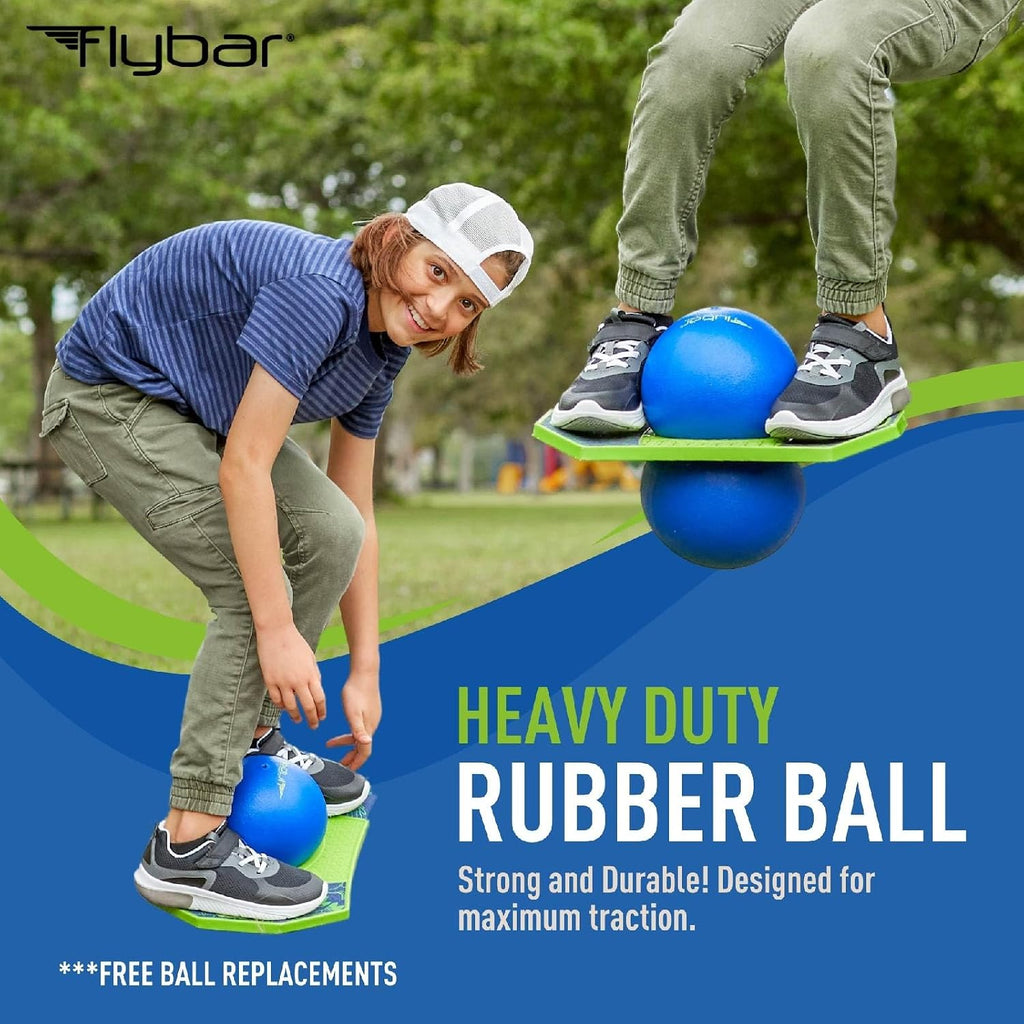 Flybar Pogo - Pelota de truco para niños, tabla de rebote de equilibrio con cubierta antideslizante, bomba incluida, juguetes para interiores y exteriores para niños y niñas, forma divertida de